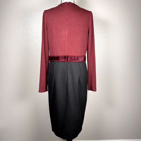 Nissa Sz 14 Burgundy & Black Colorblock Dress Long Sleeve Ruched Bust Round Neck - Picture 2 of 7